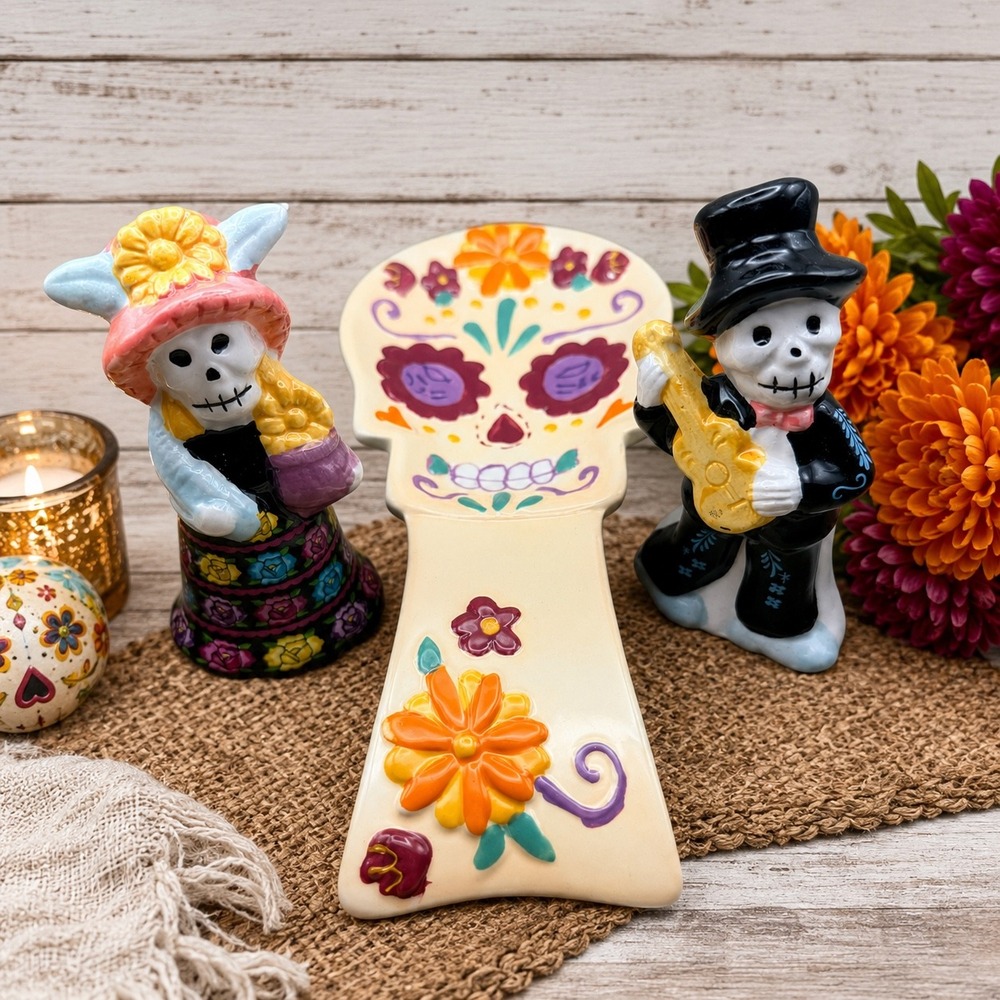 Day of the Dead Sugar Skull Spoon Rest and Calavera Salt Pepper‎ Shaker Set 3pc